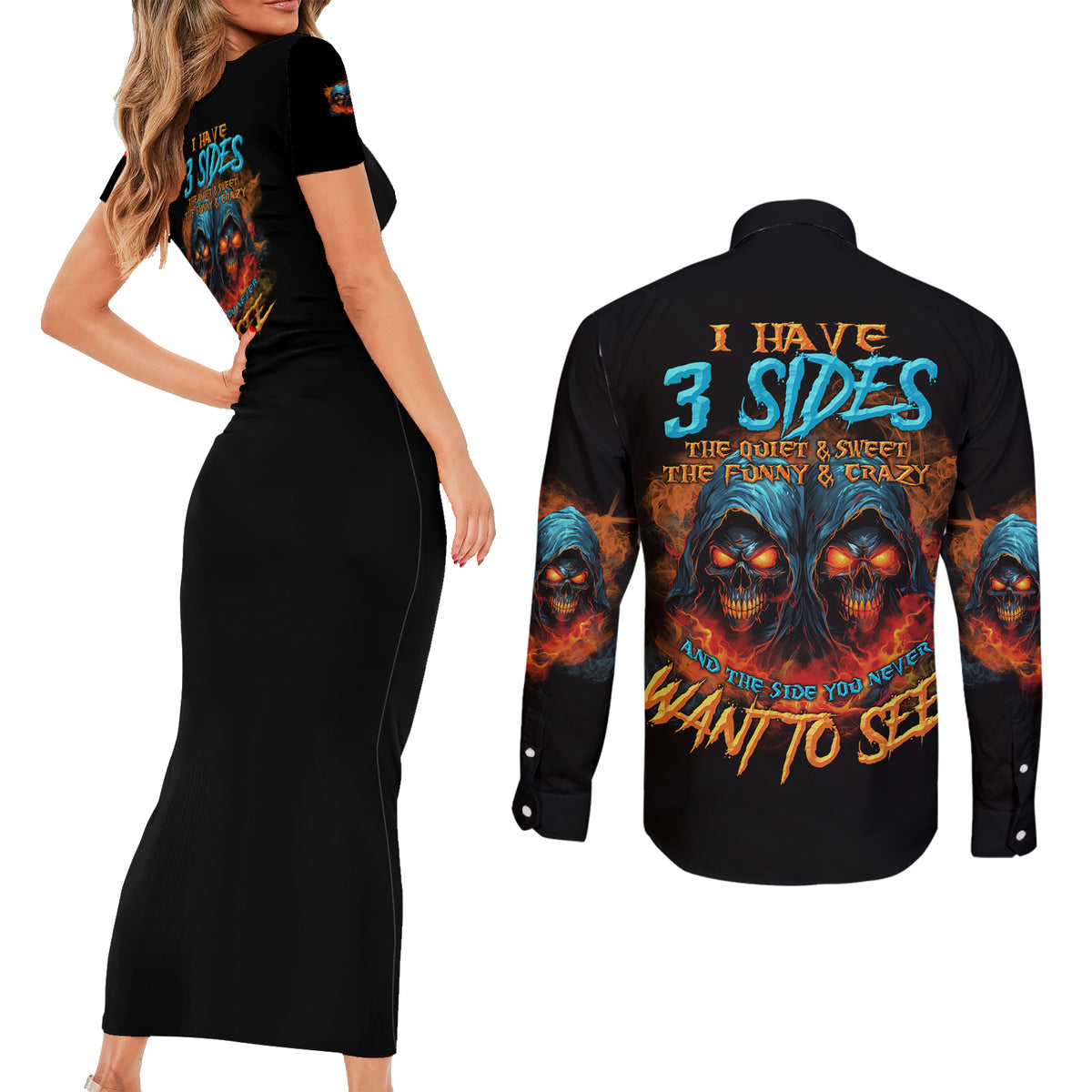 I Have 3 Sides Skull Reaper Couples Matching Short Sleeve Bodycon Dress and Long Sleeve Button Shirt - Wonder Print Shop