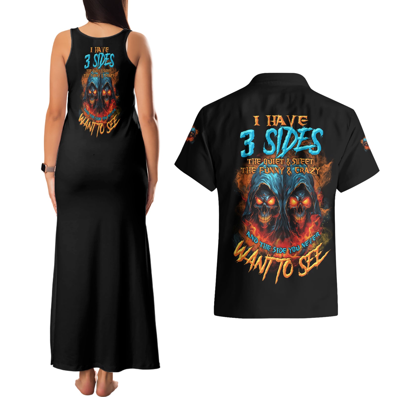 I Have 3 Sides Skull Reaper Couples Matching Tank Maxi Dress and Hawaiian Shirt - Wonder Print Shop