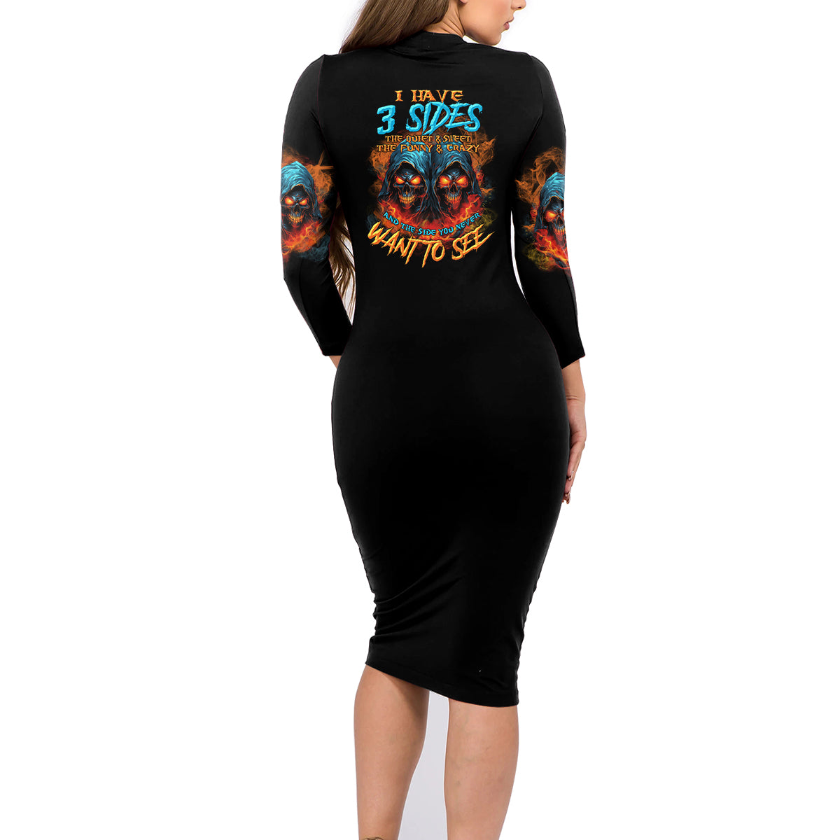 I Have 3 Sides Skull Reaper Family Matching Long Sleeve Bodycon Dress and Hawaiian Shirt - Wonder Print Shop