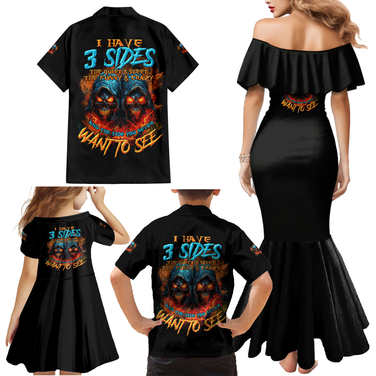 I Have 3 Sides Skull Reaper Family Matching Mermaid Dress and Hawaiian Shirt - Wonder Print Shop