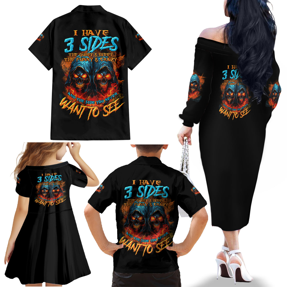 I Have 3 Sides Skull Reaper Family Matching Off Shoulder Long Sleeve Dress and Hawaiian Shirt - Wonder Print Shop