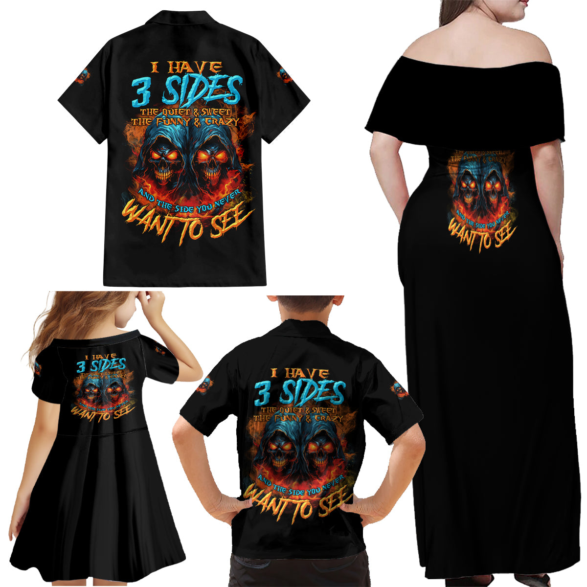 I Have 3 Sides Skull Reaper Family Matching Off Shoulder Maxi Dress and Hawaiian Shirt - Wonder Print Shop