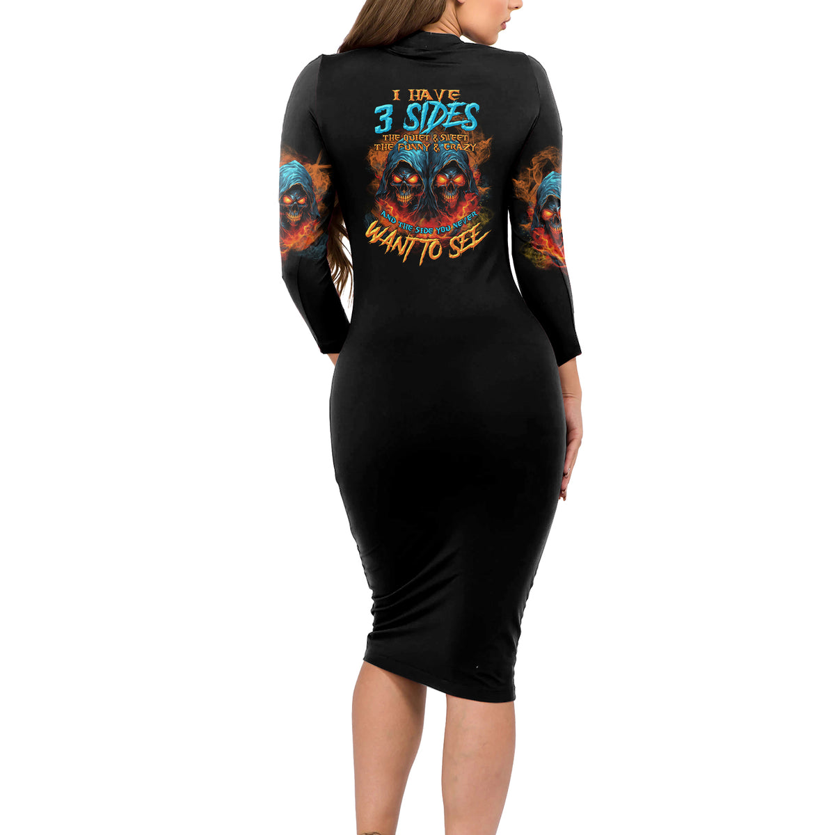 I Have 3 Sides Skull Reaper Long Sleeve Bodycon Dress - Wonder Print Shop
