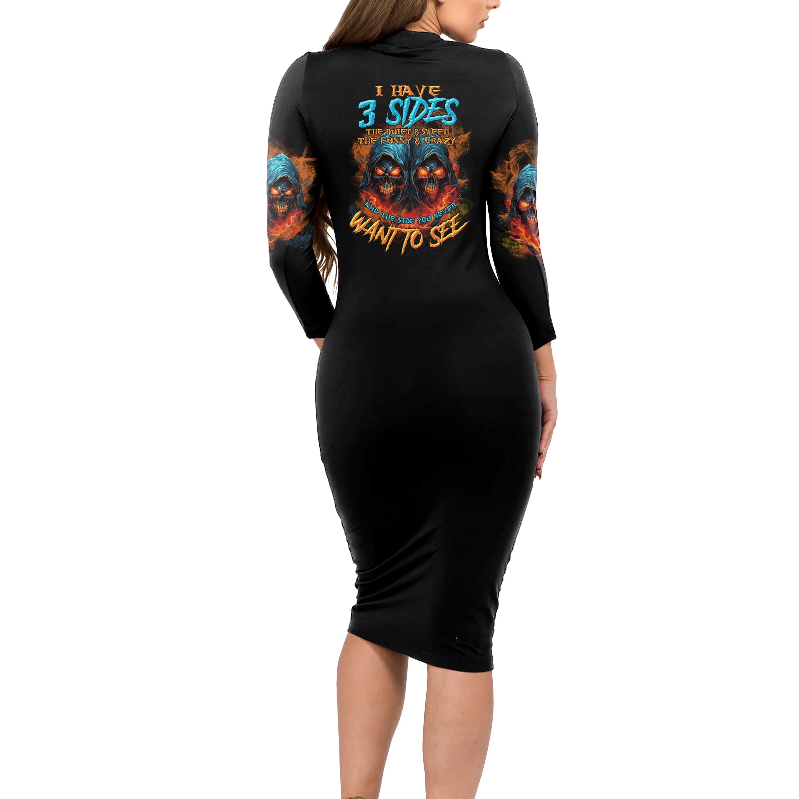 I Have 3 Sides Skull Reaper Long Sleeve Bodycon Dress - Wonder Print Shop
