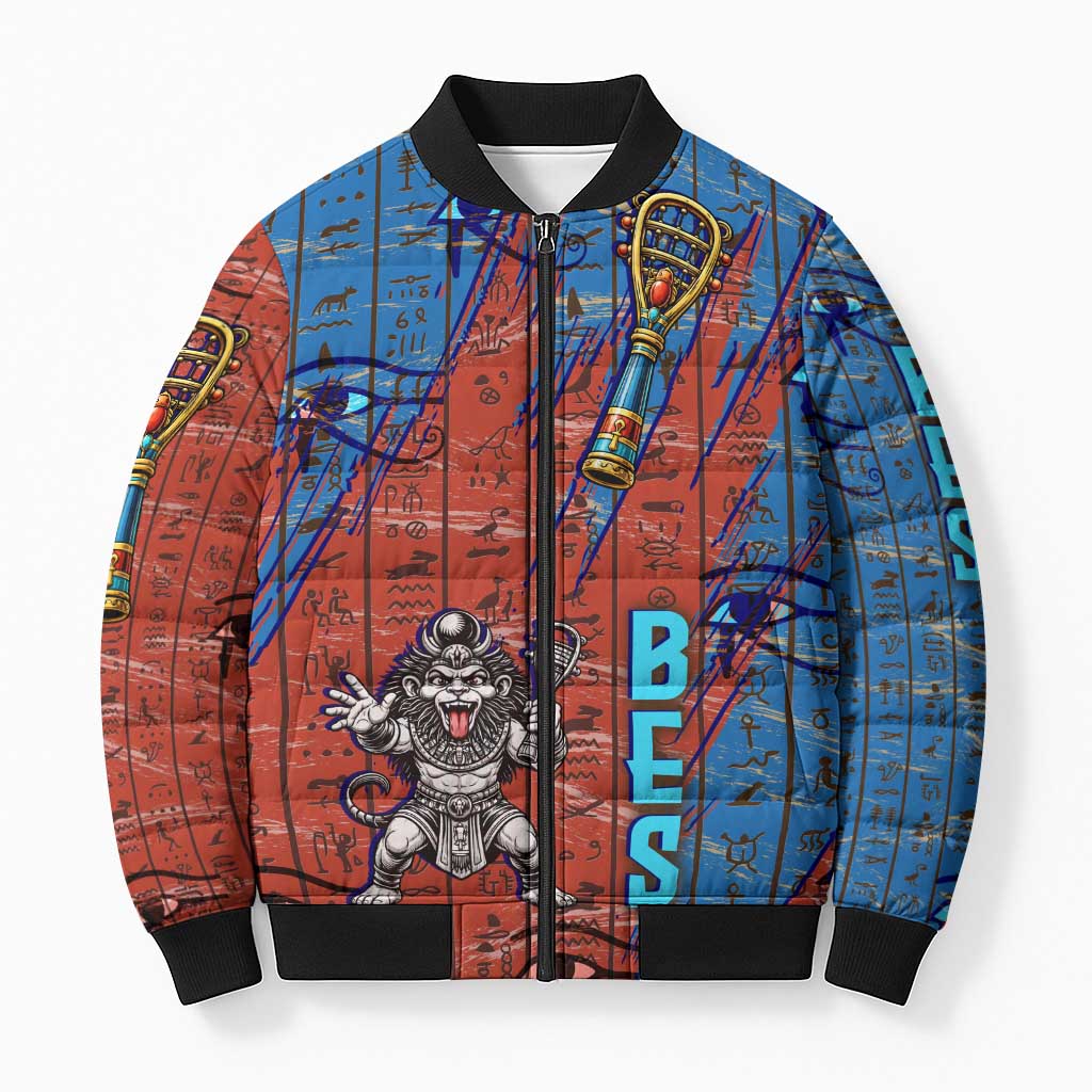 Bes Bomber Puffer Jacket Ancient Egyptian Hieroglyphs and Sacred Symbols Ancient Myth - Wonder Print Shop