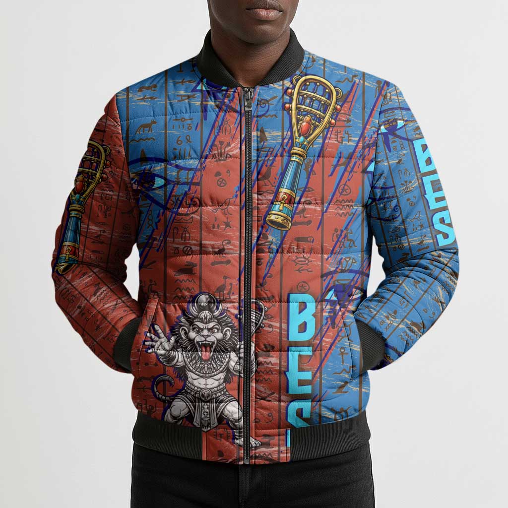 Bes Bomber Puffer Jacket Ancient Egyptian Hieroglyphs and Sacred Symbols Ancient Myth - Wonder Print Shop