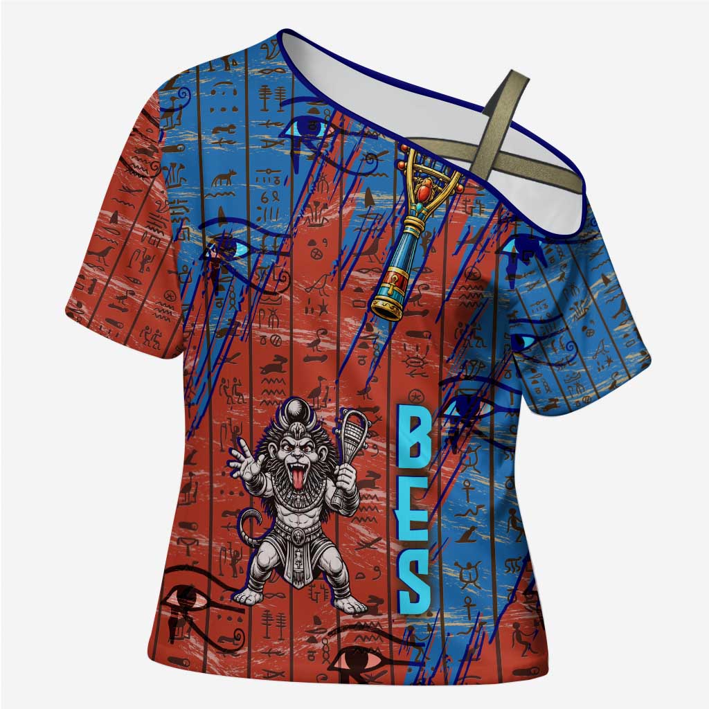 Bes Cross Shoulder Shirt Ancient Egyptian Hieroglyphs and Sacred Symbols Ancient Myth - Wonder Print Shop