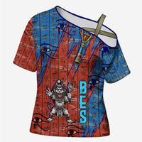 Bes Cross Shoulder Shirt Ancient Egyptian Hieroglyphs and Sacred Symbols Ancient Myth - Wonder Print Shop
