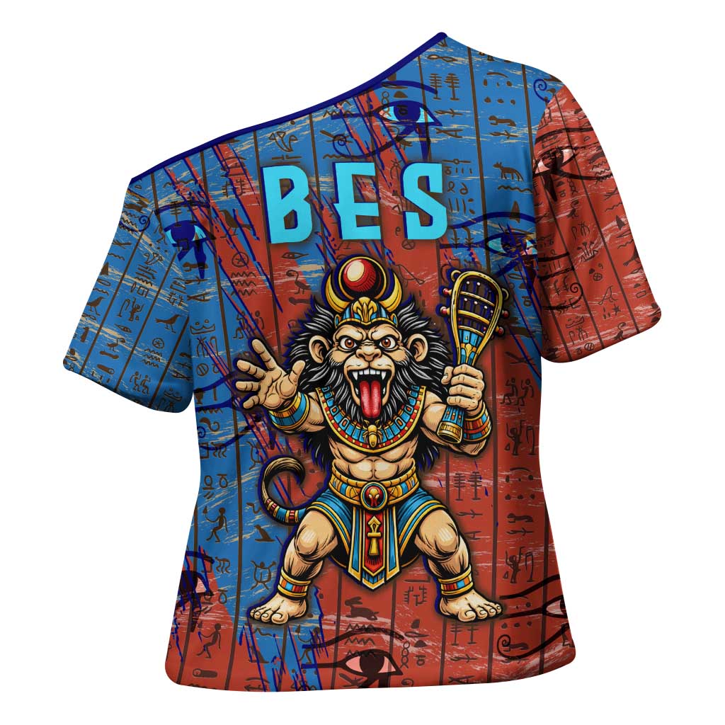 Bes Cross Shoulder Shirt Ancient Egyptian Hieroglyphs and Sacred Symbols Ancient Myth - Wonder Print Shop