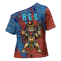 Bes Cross Shoulder Shirt Ancient Egyptian Hieroglyphs and Sacred Symbols Ancient Myth - Wonder Print Shop
