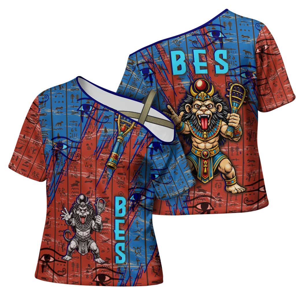 Bes Cross Shoulder Shirt Ancient Egyptian Hieroglyphs and Sacred Symbols Ancient Myth - Wonder Print Shop