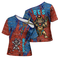 Bes Cross Shoulder Shirt Ancient Egyptian Hieroglyphs and Sacred Symbols Ancient Myth - Wonder Print Shop