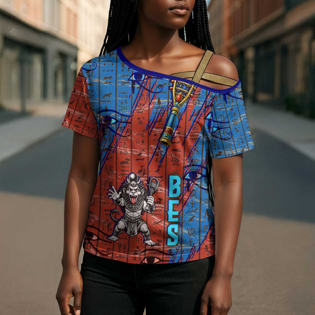Bes Cross Shoulder Shirt Ancient Egyptian Hieroglyphs and Sacred Symbols Ancient Myth - Wonder Print Shop