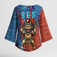 Bes Kimono Sleeve Blouse Ancient Egyptian Hieroglyphs and Sacred Symbols Ancient Myth - Wonder Print Shop