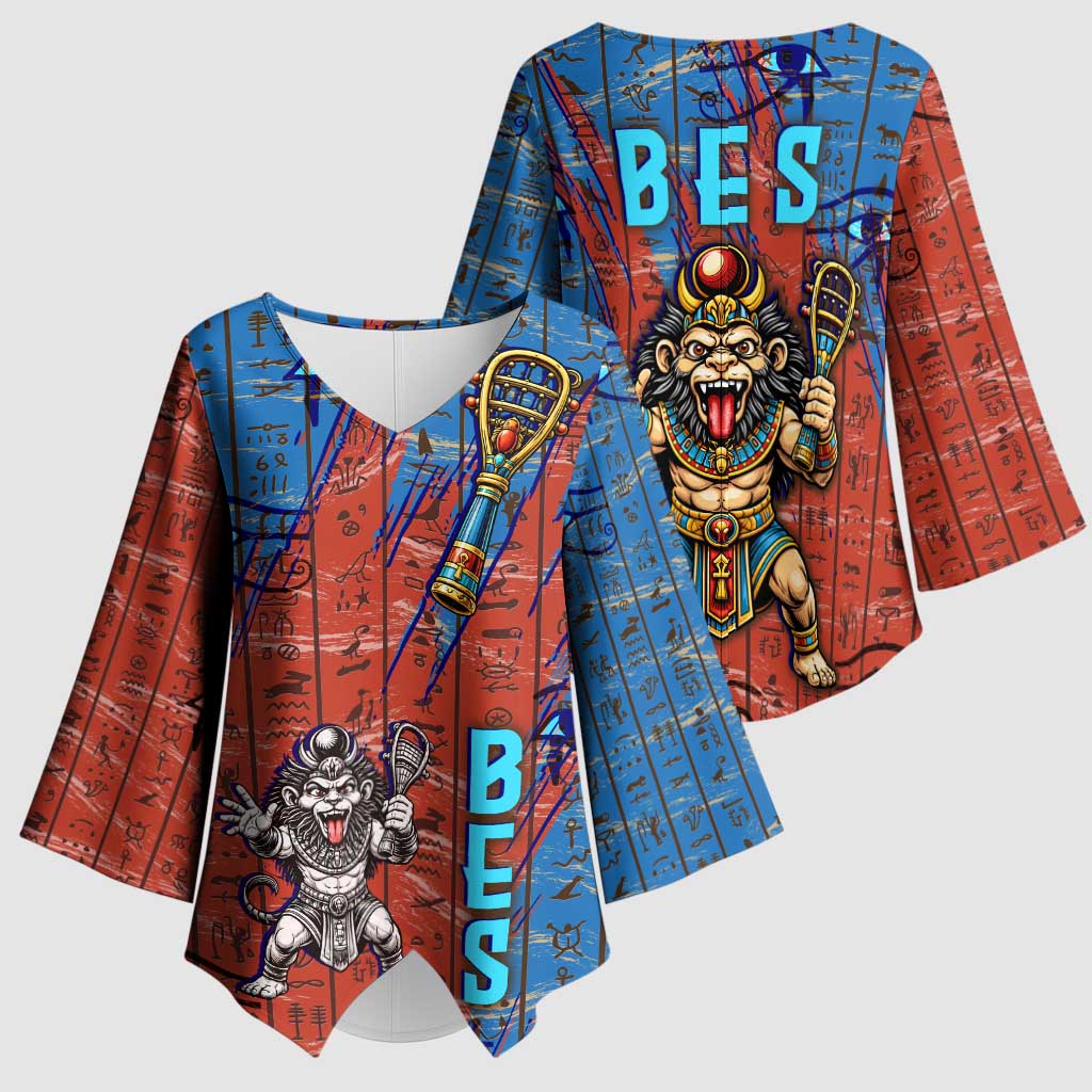 Bes Kimono Sleeve Blouse Ancient Egyptian Hieroglyphs and Sacred Symbols Ancient Myth - Wonder Print Shop