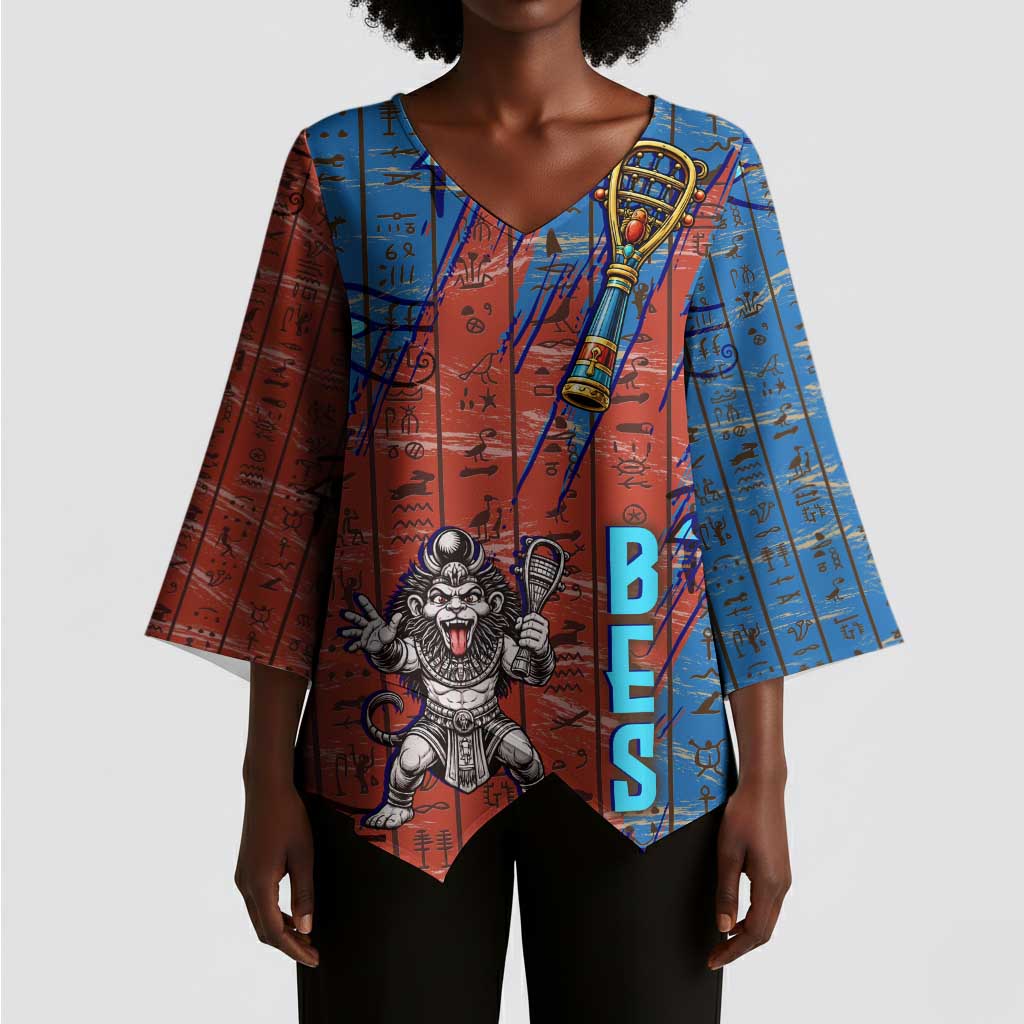 Bes Kimono Sleeve Blouse Ancient Egyptian Hieroglyphs and Sacred Symbols Ancient Myth - Wonder Print Shop