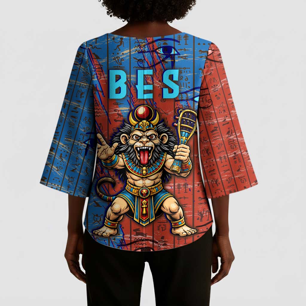 Bes Kimono Sleeve Blouse Ancient Egyptian Hieroglyphs and Sacred Symbols Ancient Myth - Wonder Print Shop