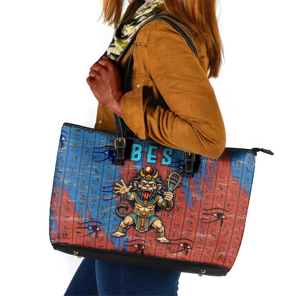 Bes Leather Tote Bag Ancient Egyptian Hieroglyphs and Sacred Symbols Ancient Myth - Wonder Print Shop
