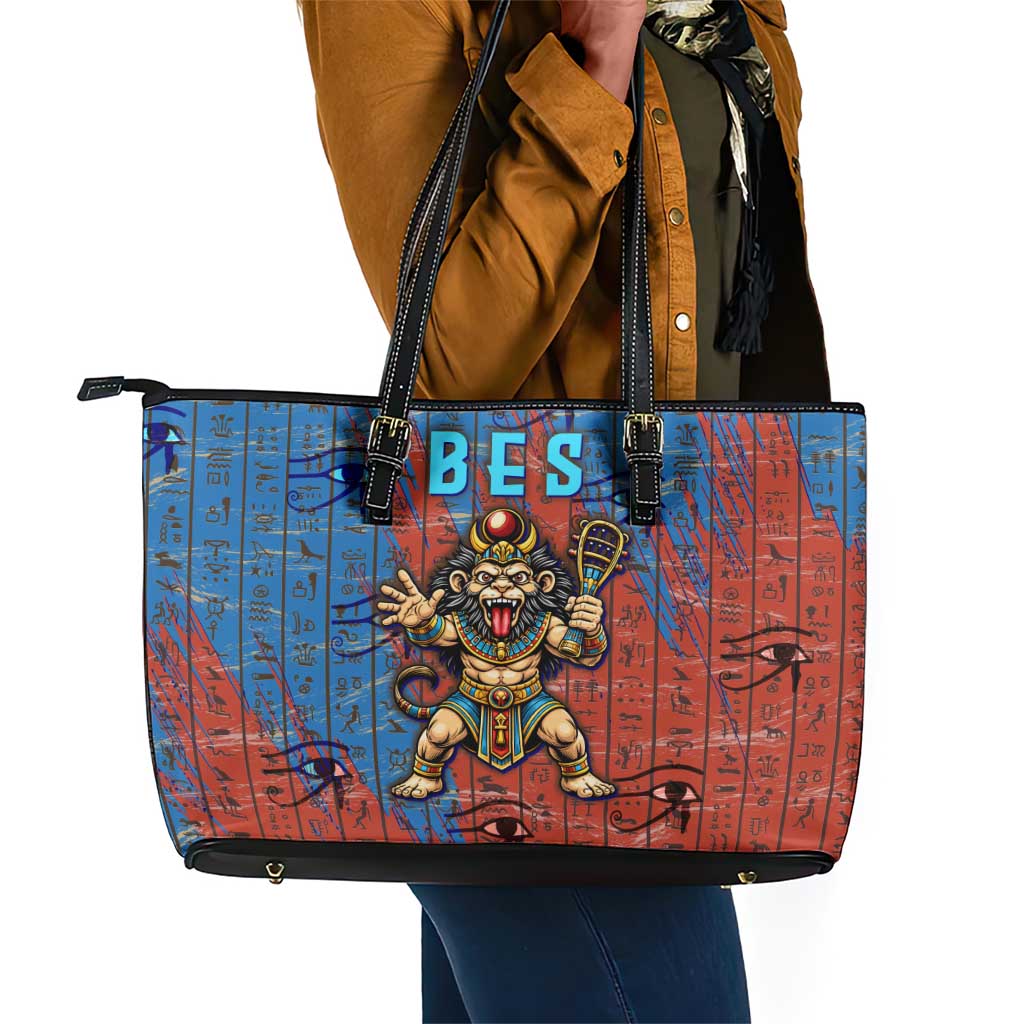 Bes Leather Tote Bag Ancient Egyptian Hieroglyphs and Sacred Symbols Ancient Myth - Wonder Print Shop
