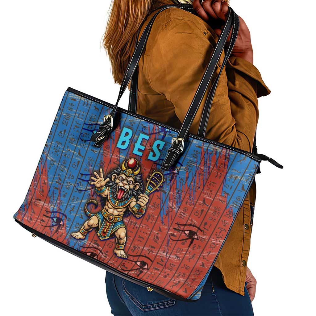 Bes Leather Tote Bag Ancient Egyptian Hieroglyphs and Sacred Symbols Ancient Myth - Wonder Print Shop