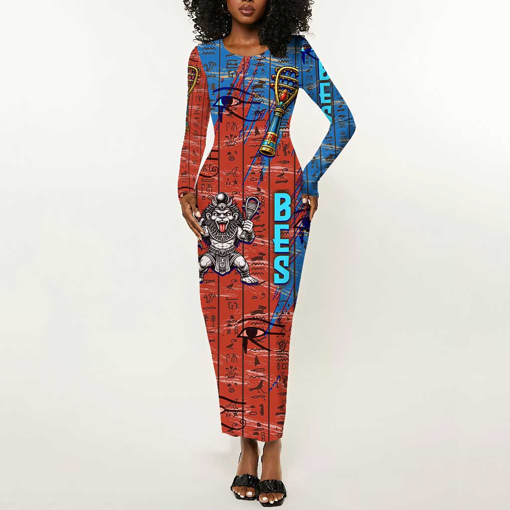 Bes Long Sleeve Bodycon Dress Ancient Egyptian Hieroglyphs and Sacred Symbols Ancient Myth - Wonder Print Shop