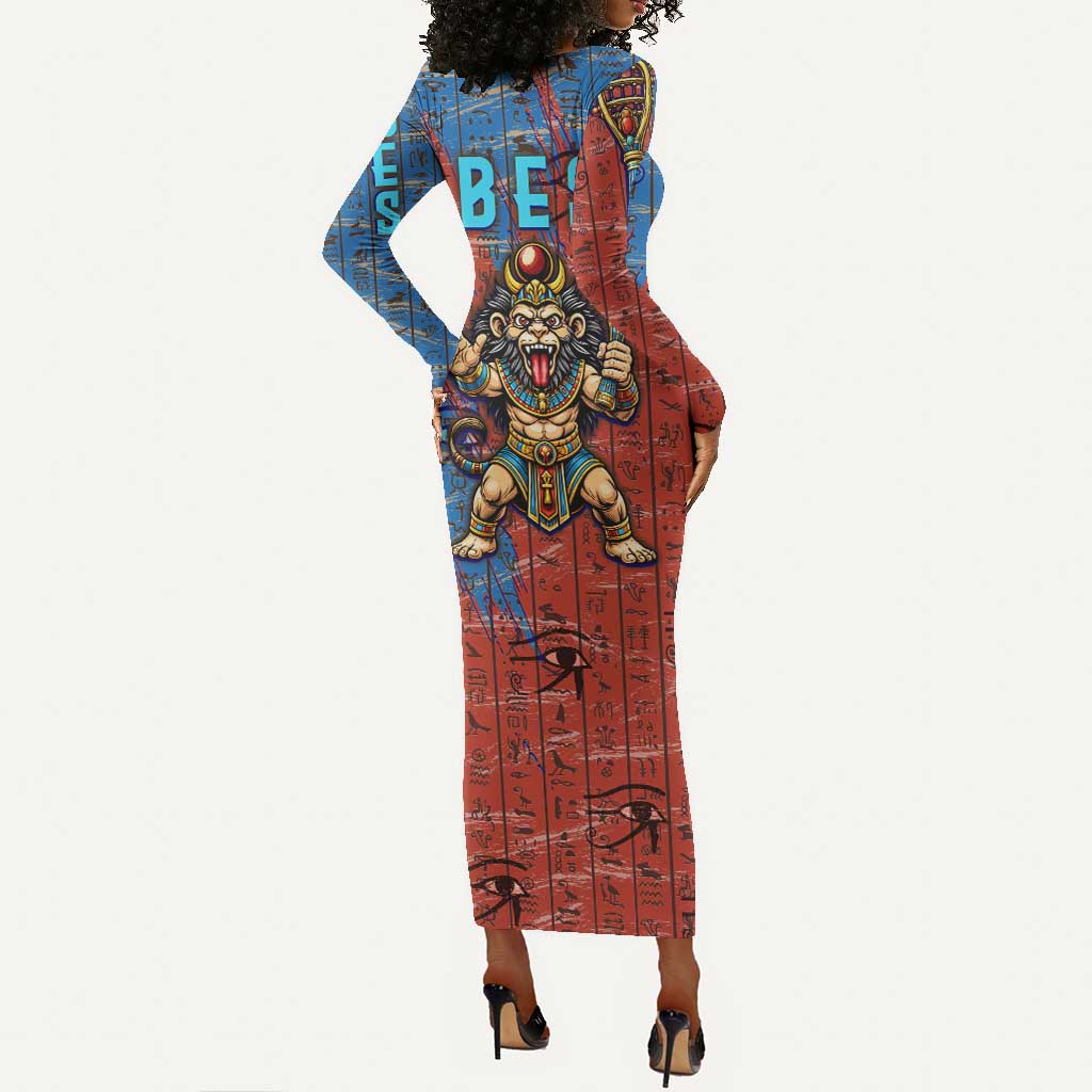Bes Long Sleeve Bodycon Dress Ancient Egyptian Hieroglyphs and Sacred Symbols Ancient Myth - Wonder Print Shop