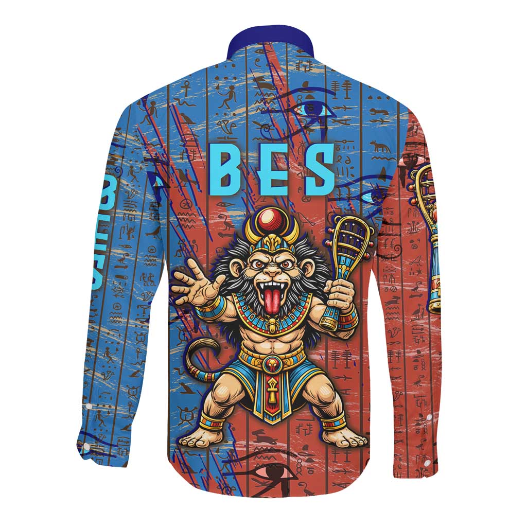 Bes Long Sleeve Button Shirt Ancient Egyptian Hieroglyphs and Sacred Symbols Ancient Myth - Wonder Print Shop