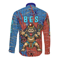 Bes Long Sleeve Button Shirt Ancient Egyptian Hieroglyphs and Sacred Symbols Ancient Myth - Wonder Print Shop
