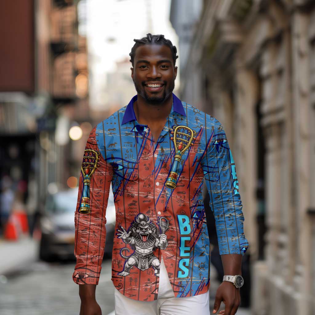 Bes Long Sleeve Button Shirt Ancient Egyptian Hieroglyphs and Sacred Symbols Ancient Myth - Wonder Print Shop