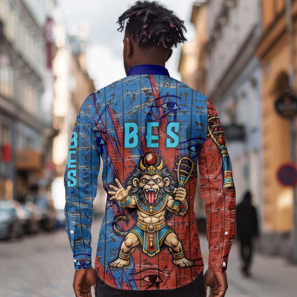 Bes Long Sleeve Button Shirt Ancient Egyptian Hieroglyphs and Sacred Symbols Ancient Myth - Wonder Print Shop