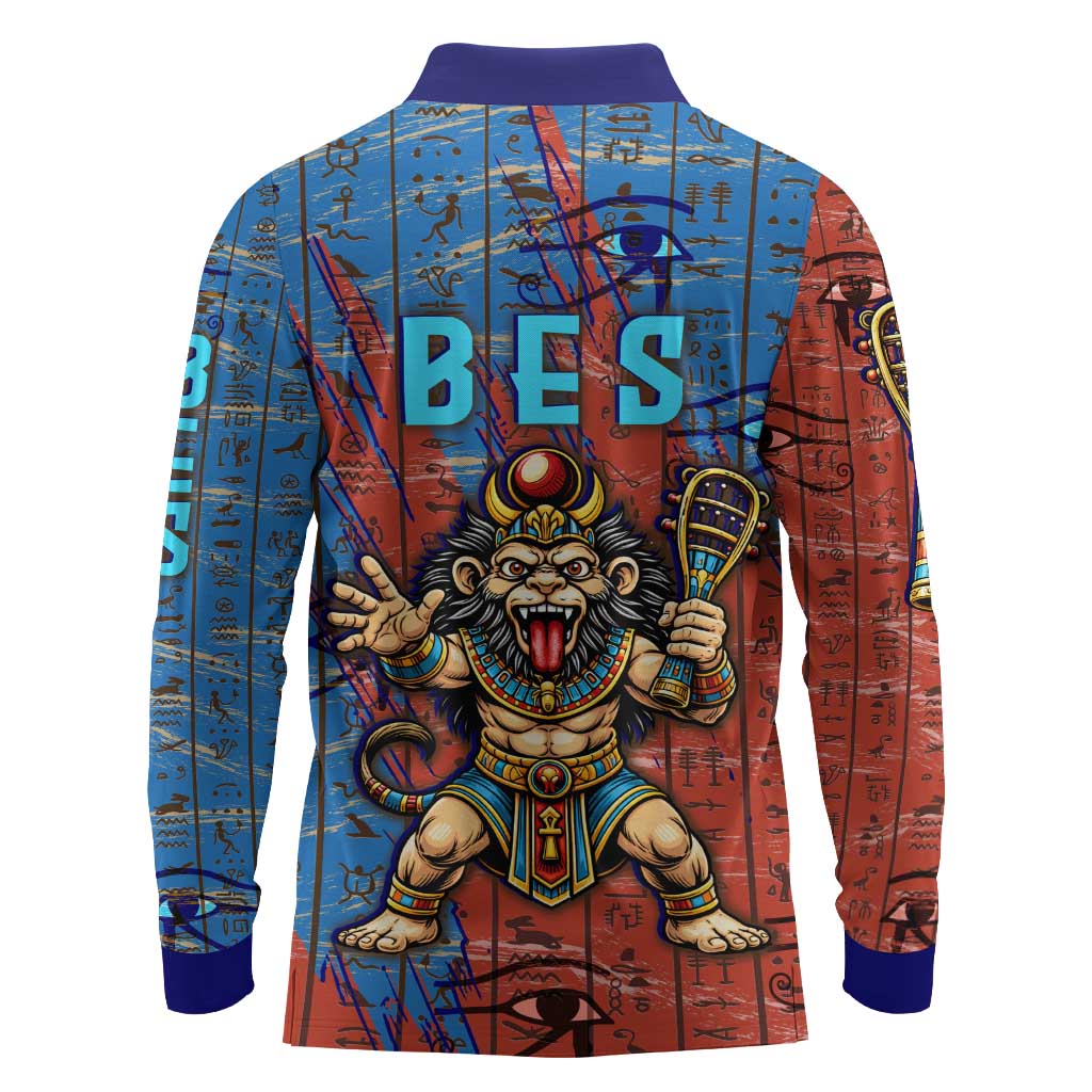 Bes Long Sleeve Polo Shirt Ancient Egyptian Hieroglyphs and Sacred Symbols Ancient Myth - Wonder Print Shop