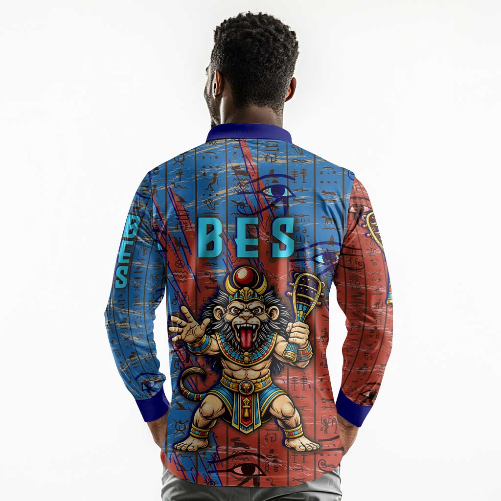 Bes Long Sleeve Polo Shirt Ancient Egyptian Hieroglyphs and Sacred Symbols Ancient Myth - Wonder Print Shop