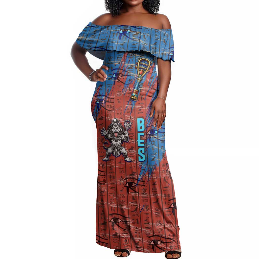 Bes Off Shoulder Maxi Dress Ancient Egyptian Hieroglyphs and Sacred Symbols Ancient Myth - Wonder Print Shop