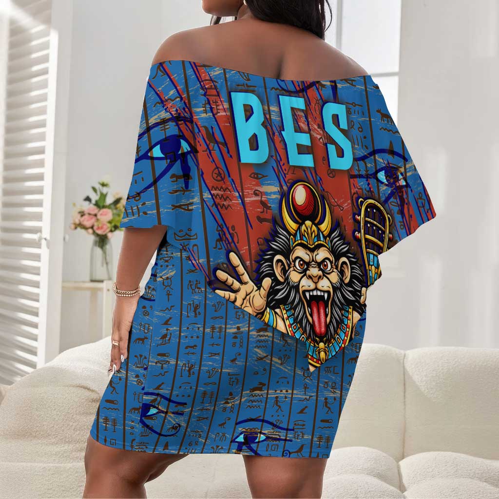 Bes Off Shoulder Short Dress Ancient Egyptian Hieroglyphs and Sacred Symbols Ancient Myth - Wonder Print Shop