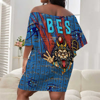 Bes Off Shoulder Short Dress Ancient Egyptian Hieroglyphs and Sacred Symbols Ancient Myth - Wonder Print Shop