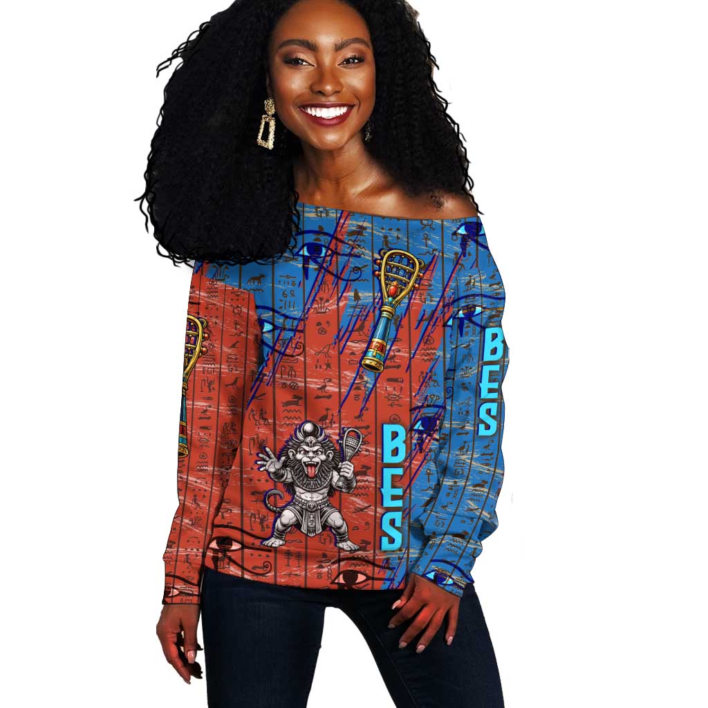 Bes Off Shoulder Sweater Ancient Egyptian Hieroglyphs and Sacred Symbols Ancient Myth - Wonder Print Shop