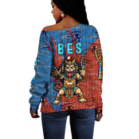Bes Off Shoulder Sweater Ancient Egyptian Hieroglyphs and Sacred Symbols Ancient Myth - Wonder Print Shop