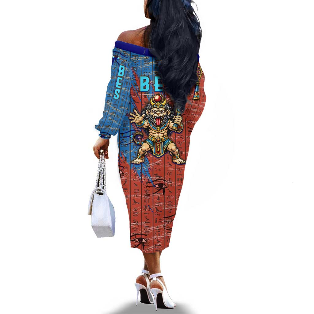 Bes Off The Shoulder Long Sleeve Dress Ancient Egyptian Hieroglyphs and Sacred Symbols Ancient Myth - Wonder Print Shop