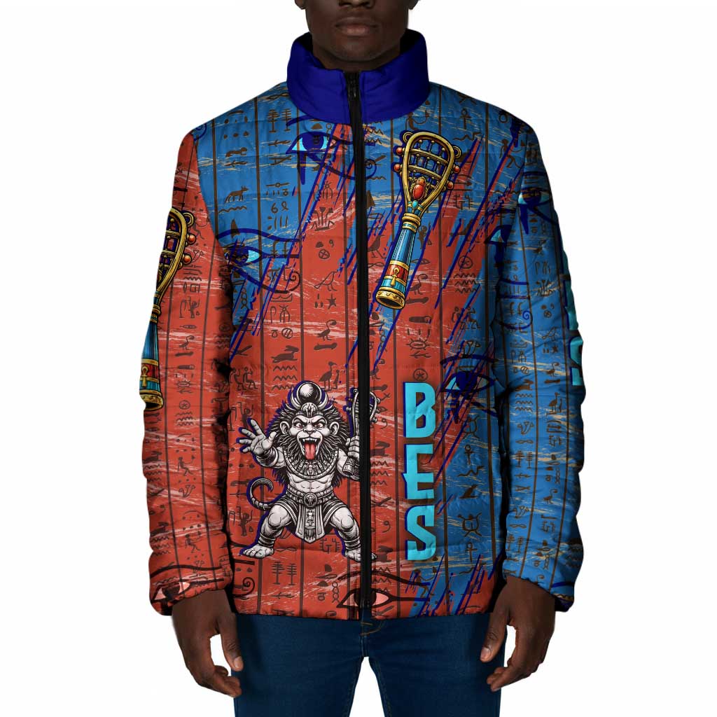 Bes Padded Jacket Ancient Egyptian Hieroglyphs and Sacred Symbols Ancient Myth - Wonder Print Shop