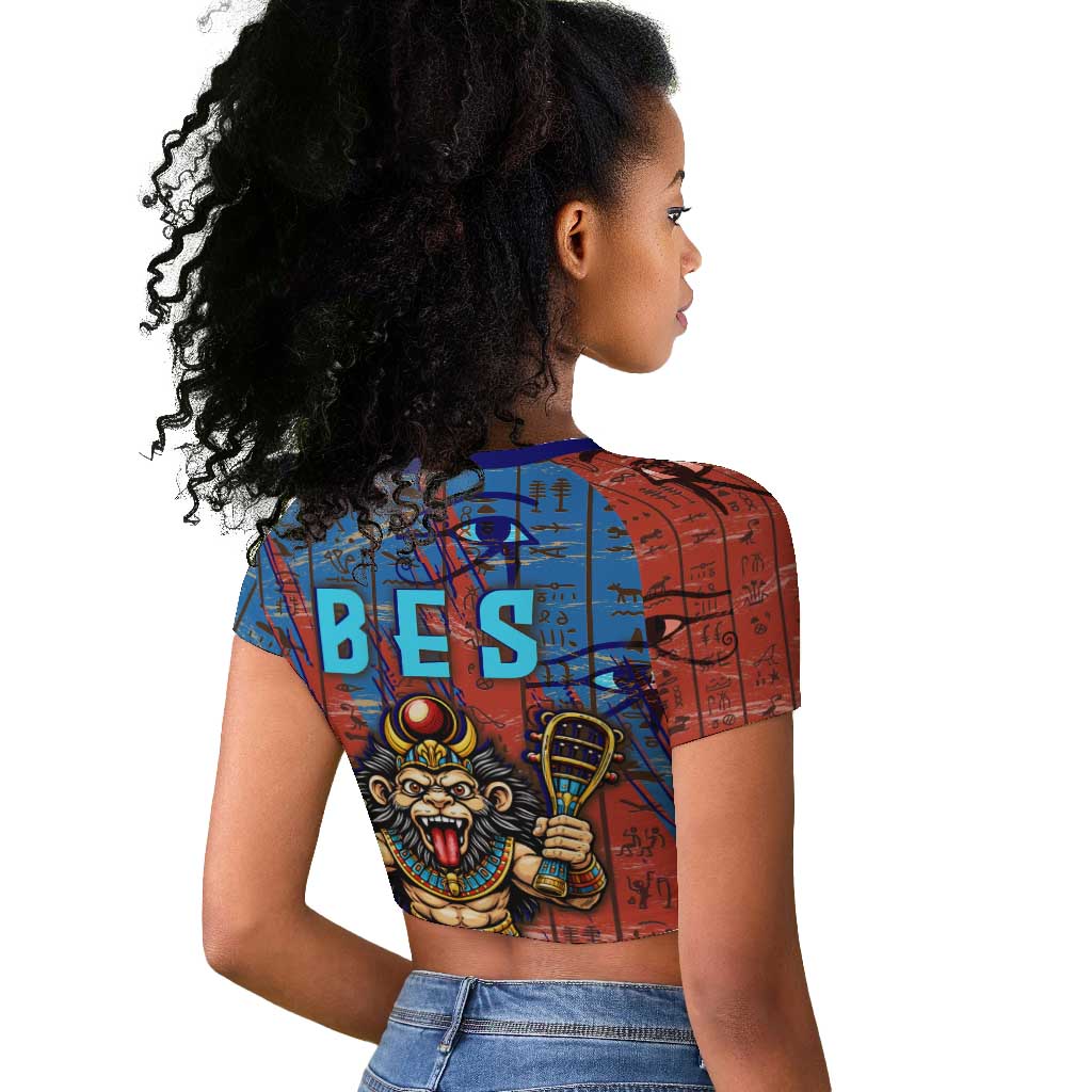 Bes Raglan Cropped T shirt Ancient Egyptian Hieroglyphs and Sacred Symbols Ancient Myth - Wonder Print Shop