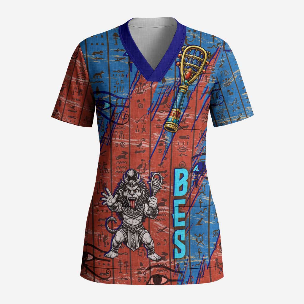 Bes Scrub Top Ancient Egyptian Hieroglyphs and Sacred Symbols Ancient Myth - Wonder Print Shop