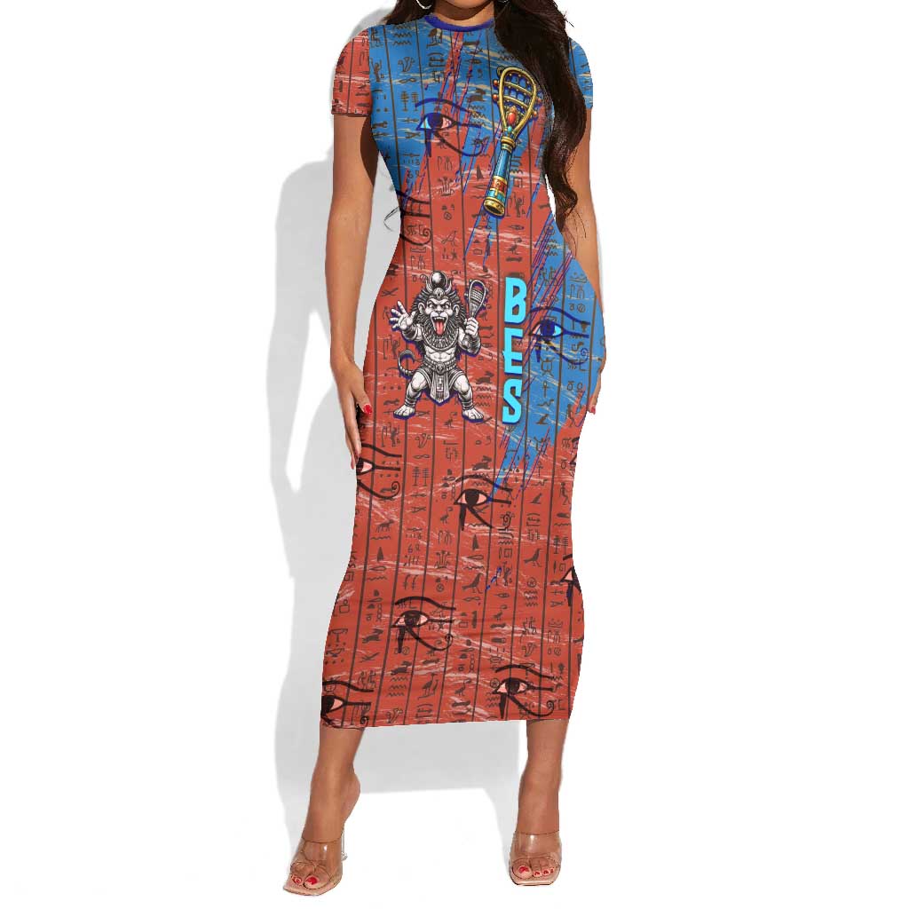 Bes Short Sleeve Bodycon Dress Ancient Egyptian Hieroglyphs and Sacred Symbols Ancient Myth - Wonder Print Shop