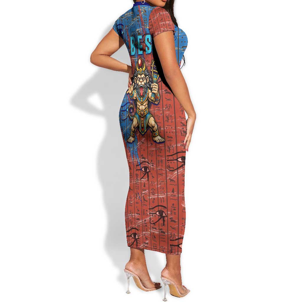 Bes Short Sleeve Bodycon Dress Ancient Egyptian Hieroglyphs and Sacred Symbols Ancient Myth - Wonder Print Shop