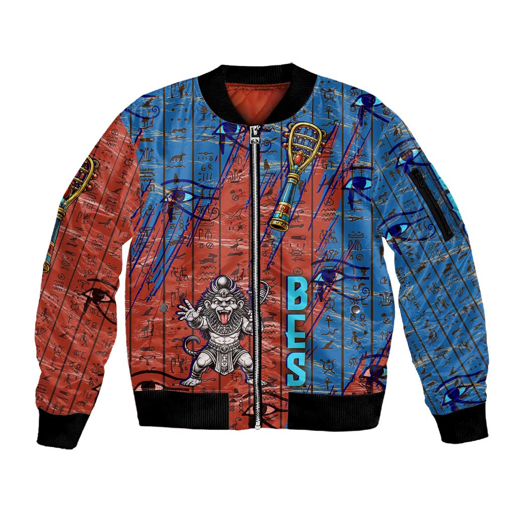 Bes Sleeve Zip Bomber Jacket Ancient Egyptian Hieroglyphs and Sacred Symbols Ancient Myth - Wonder Print Shop