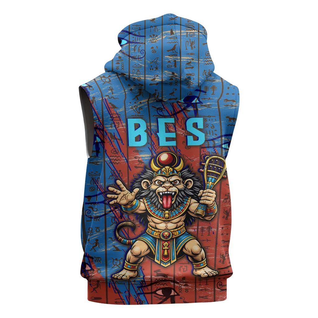 Bes Sleeveless Hoodie Ancient Egyptian Hieroglyphs and Sacred Symbols Ancient Myth - Wonder Print Shop