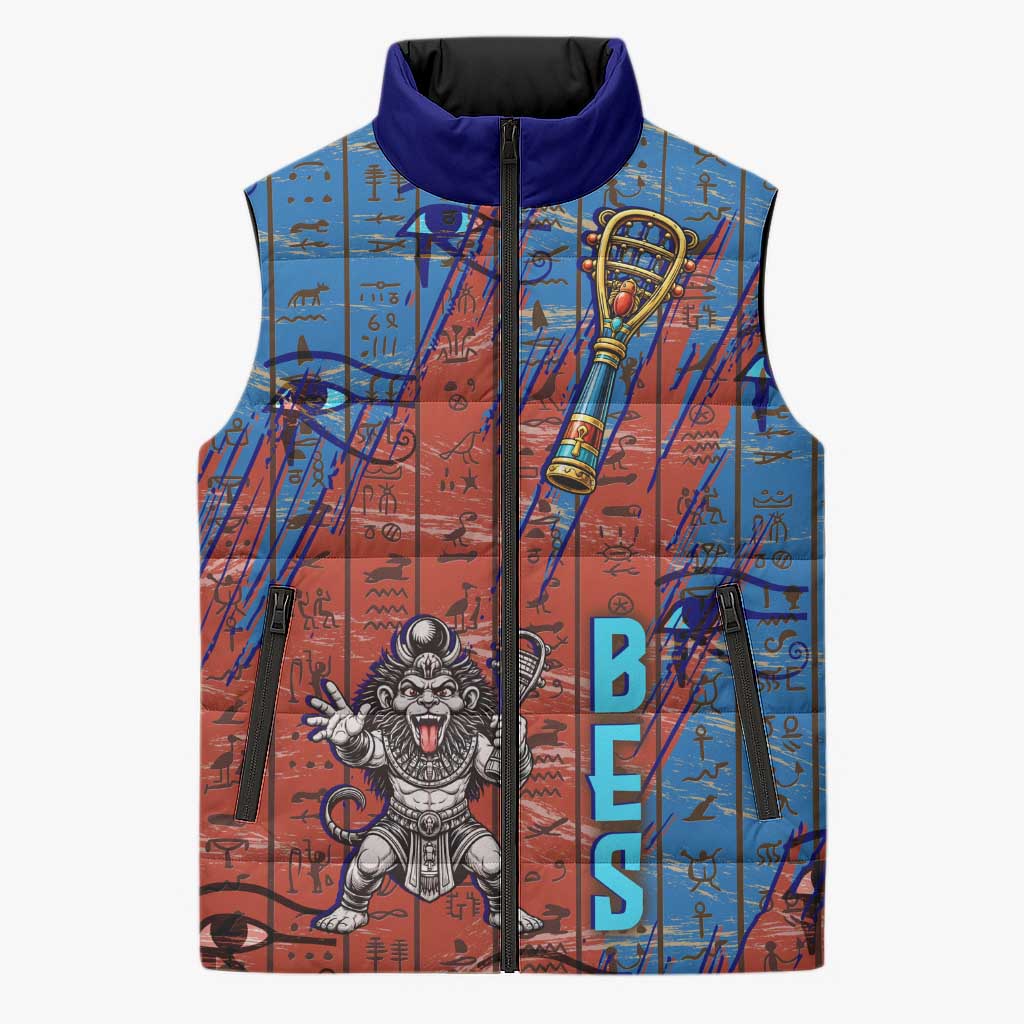 Bes Sleeveless Puffer Jacket Ancient Egyptian Hieroglyphs and Sacred Symbols Ancient Myth - Wonder Print Shop