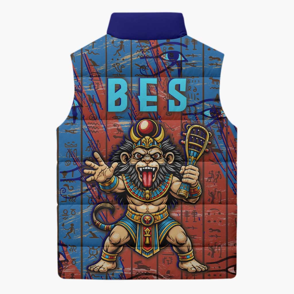 Bes Sleeveless Puffer Jacket Ancient Egyptian Hieroglyphs and Sacred Symbols Ancient Myth - Wonder Print Shop