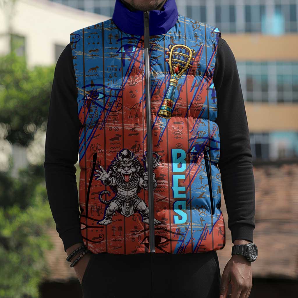 Bes Sleeveless Puffer Jacket Ancient Egyptian Hieroglyphs and Sacred Symbols Ancient Myth - Wonder Print Shop