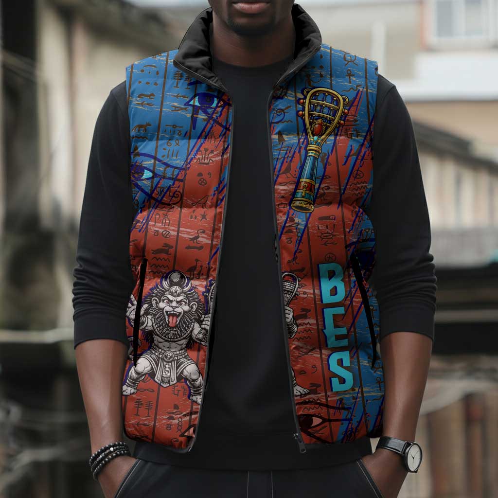 Bes Sleeveless Puffer Jacket Ancient Egyptian Hieroglyphs and Sacred Symbols Ancient Myth - Wonder Print Shop