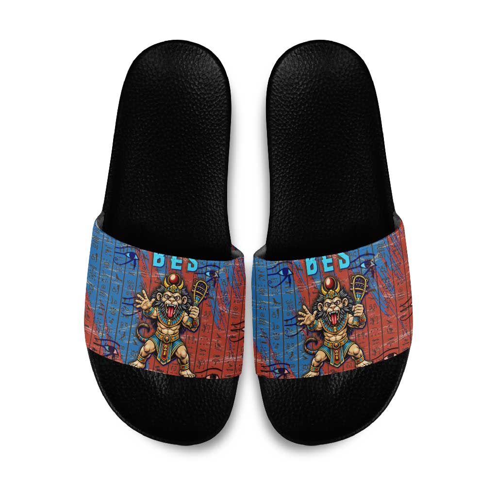 Bes Slide Sandals Ancient Egyptian Hieroglyphs and Sacred Symbols Ancient Myth - Wonder Print Shop
